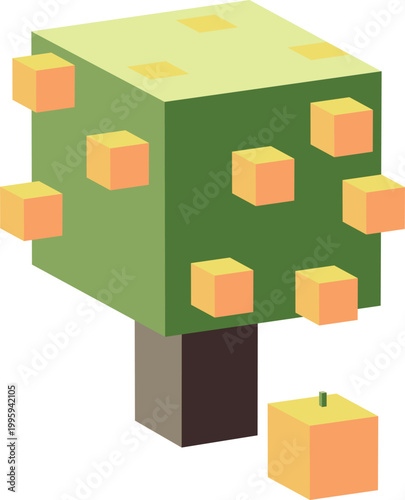 Isometric voxel style orange fruit tree (Citrus sinensis), minimalist infographic