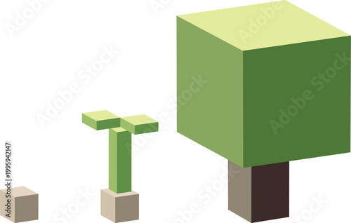 Isometric voxel style life cycle of a tree , minimalist infographic