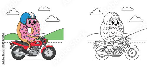 Cute Kawaii Donut Character Wearing a Helmet and Riding a Motorcycle on a Road, Colored and Line Art Vector Illustration for Kids Coloring Book Page, Stickers, and Food Delivery Mascot Design