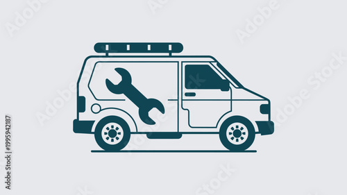 A simple illustration of a service van with a large wrench on the side, ready for repair work.