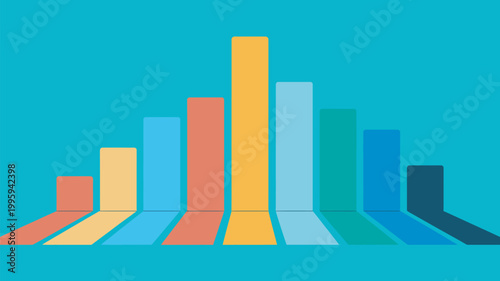A colorful bar graph with multiple bars of varying heights on a teal background, representing data and statistics in a visually appealing way.