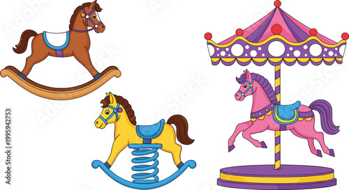 Carousel and rocking horse toys set illustrating children amusement rides, playground fun, carnival entertainment, and colorful childhood recreation vector illustration