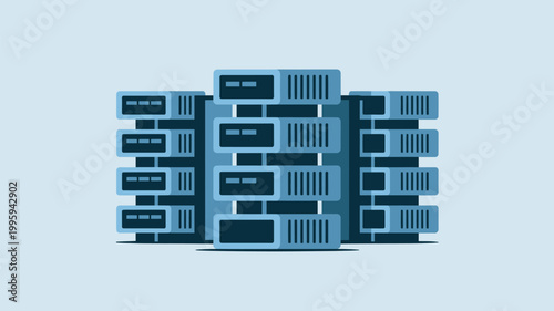 A large stack of computer servers in a data center with blue and black equipment