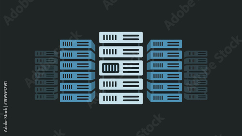 A graphic illustration of server racks in a data center with blue and white equipment
