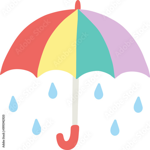 Colorful Pastel Umbrella and Raindrops Flat Vector Icon
