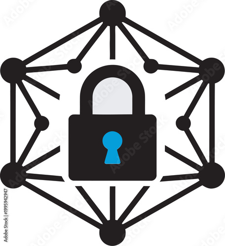 A black padlock with a blue keyhole is surrounded by a network of interconnected lines and nodes on a white background.