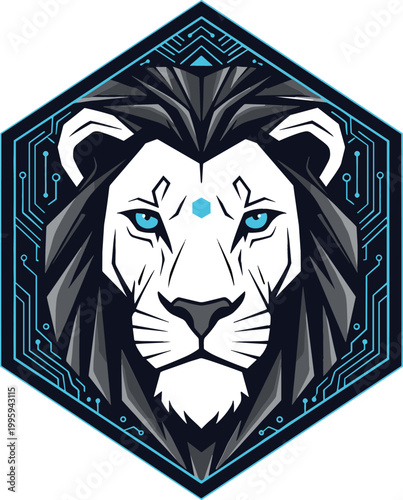 Futuristic lion head logo with geometric hexagon frame cyber technology style fierce animal mascot emblem vector illustration isolated on light background