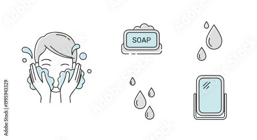 Set of 5 skincare routine icons vector with face washing, soap, water drops, and mirror
