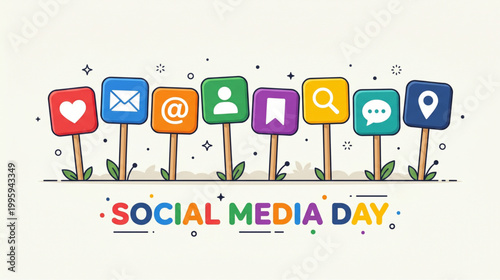 Social media day concept with colorful communication icons representing digital connection engagement and online community celebration for marketing banner design