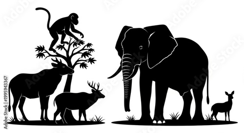 Diverse group of wild animals in silhouette form.