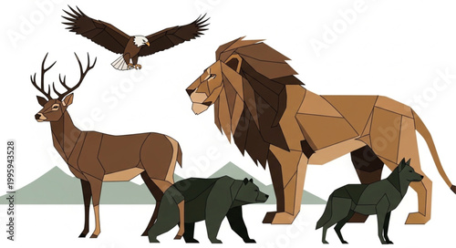 Collection of Diverse Wild Animals in Geometric Style.