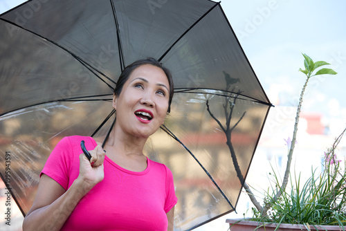 The model, wearing a pink top and holding a transparent umbrella, opened her eyes and mouth in surprise.