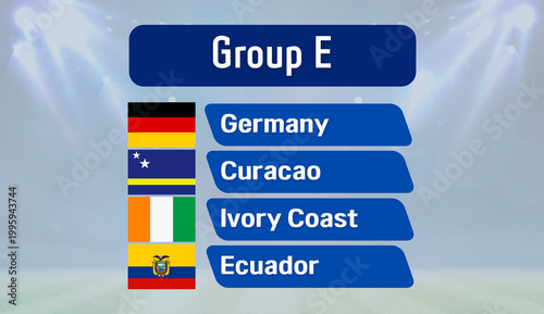 Foto Football tournament Group E standings with flags and names of Germany, Curacao, Ivory Coast, and Ecuador