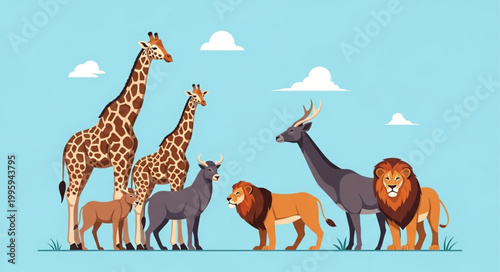 Collection of African Savannah Animals Together Illustration.