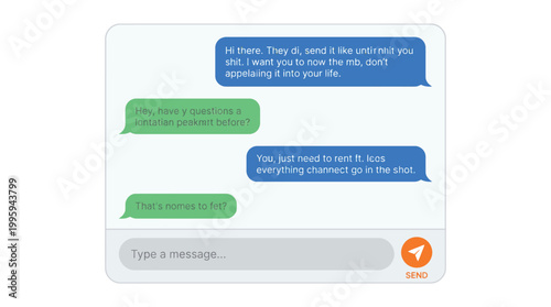 Modern digital chat messaging user interface with blue and green speech bubbles displaying conversation text input field and send button representing online communication