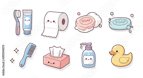 Set of 8 Cute Kawaii Bathroom Hygiene Vector Icons
