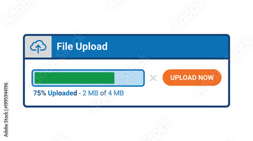 Digital file upload progress bar interface showing 75 completion with a cancel button and an orange 'upload now' call to action representing data transfer and online service