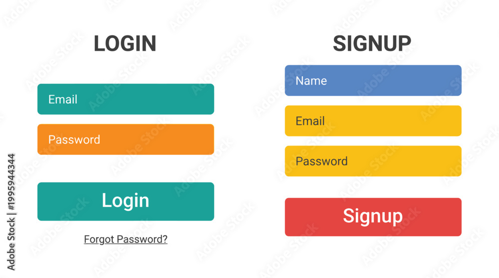 Fototapeta premium Digital interface design showcasing distinct login and signup forms with input fields and buttons featuring color coded sections for user authentication and registration processes