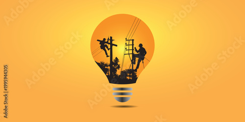 Creative Labour Day wide banner with electrician worker silhouettes climbing power poles inside a glowing light bulb on a warm orange gradient background.