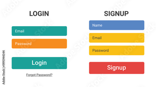 Digital interface design showcasing distinct login and signup forms with input fields and buttons featuring color coded sections for user authentication and registration processes