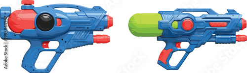 Futuristic toy water guns set colorful plastic blasters for summer play kids water fight cartoon vector illustration isolated on light background