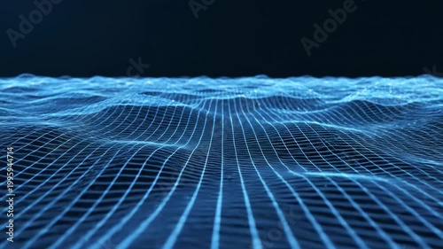 Abstract digital technology background featuring a glowing blue wireframe grid and floating particles representing data flow.