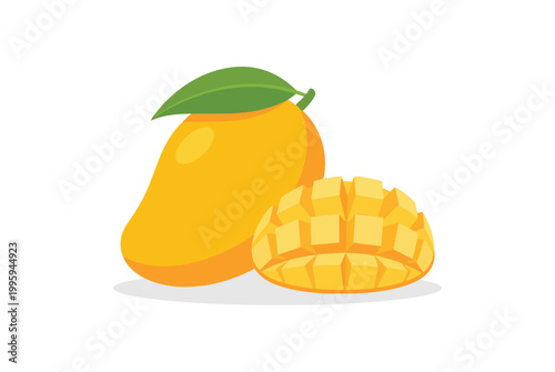 Ripe mango with leaf and sliced mango cubes in bright yellow and orange tones minimal flat style clean