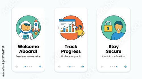 Modern onboarding screens for a mobile application featuring distinct user journeys welcome aboard with astronaut track progress with business analytics and stay secure