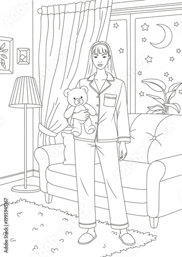 Coloring page. A girl in pajamas in a cozy room.