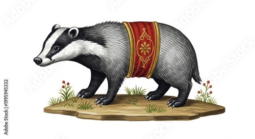 Majestic Badger with Ornate Red Saddle on a Grassy Knoll.