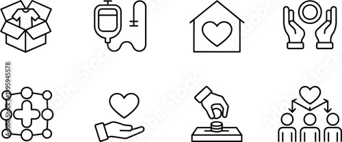 Charity donation icons set, support care volunteering symbols vector illustration collection design