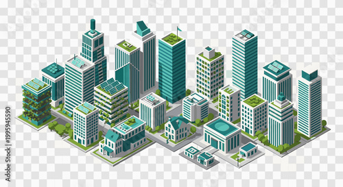 Schilderij op canvas A vibrant, stylized illustration of a modern building with integrated greenery,