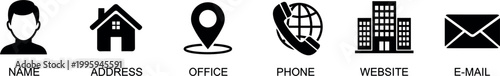 Contact Information Icon Set with Name, Address, Office, Phone, Website, and Email Symbols for Business Card and Corporate Designs