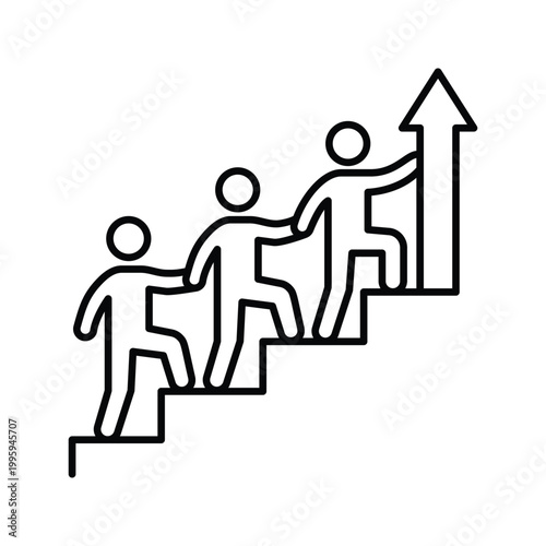 People climbing stairs with upward arrow for career growth and teamwork line icon