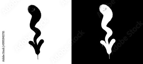 A striking vertical arrow pointing downwards, executed in a minimalist black and white graffiti tag style. The long paint drips create a sense of gravity and underground grit.