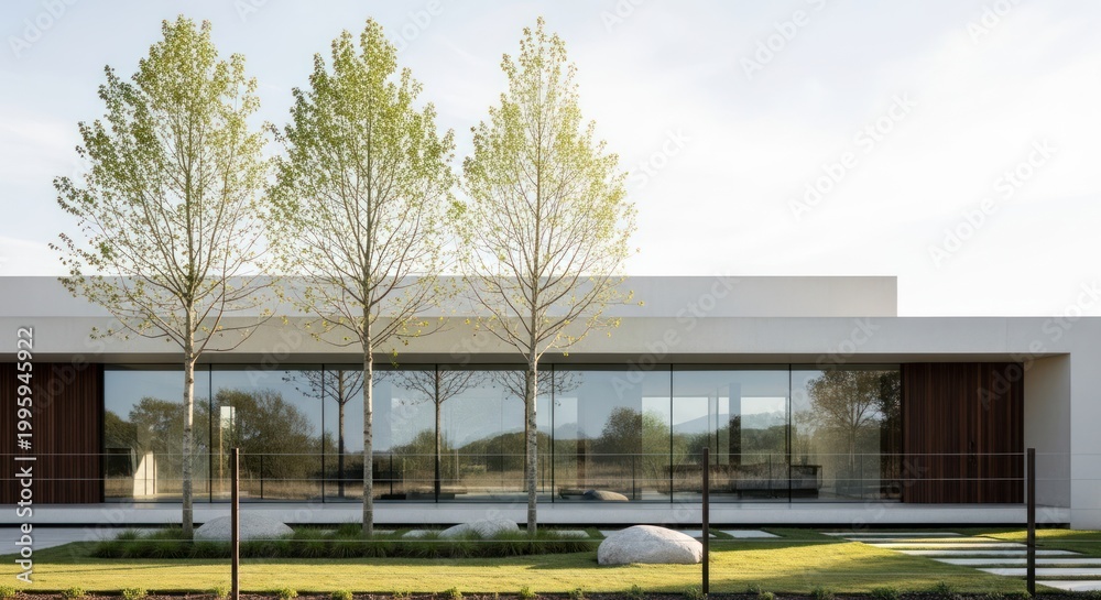 Fototapeta premium Modern Minimalist House with Large Glass Windows and Lush Green Garden