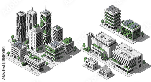 An illustration depicting a modern, sustainable office building with solar panels, evoking a sense of progress and environmental responsibility, ideal