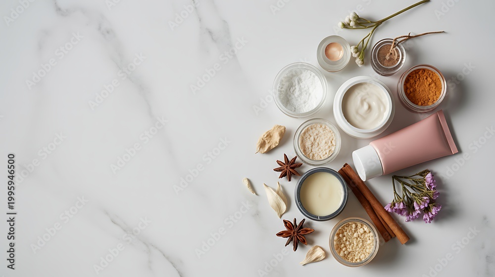 Obraz premium Natural ingredients skincare products arranged artfully on a marble surface promoting wellness and beauty routines