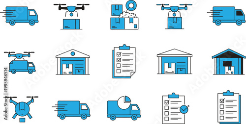 Delivery and logistics icons a collection of blue outlined transportation symbols