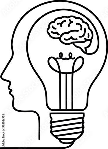 Black and white outline of a human head profile containing a lightbulb with a brain inside