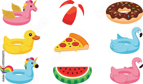 Inflatable pool floats set with unicorn, flamingo, duck, donut, pizza, and beach ball illustrating summer vacation fun, water recreation, and colorful leisure vector illustration