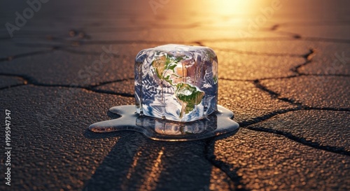 Melting Earth ice cube on cracked ground under a warm sun, symbolizing global warming and climate change.