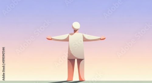 Minimalist figure with outstretched arms embracing the vast, serene sky at sunrise.