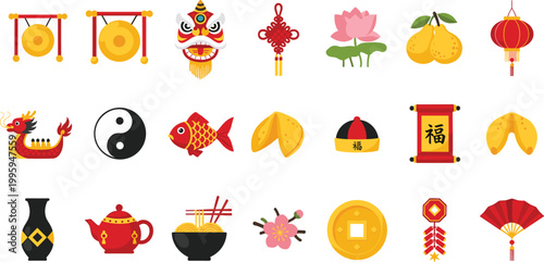 Chinese New Year Icons Set with Dragon, Lanterns, Coins, Yin Yang, and Traditional Asian Symbols.