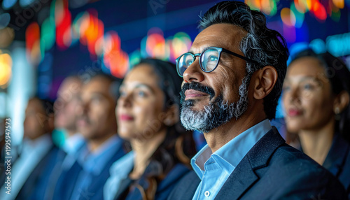 Diverse group of business people looking optimistic at growth charts