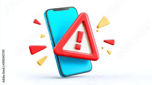 3D Phone and red danger warning triangle with exclamation mark. New important message. Mobile error or problem. Alert notice. Cartoon design icon isolated on white. 3D Vector illustration