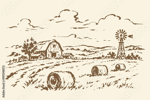 Farm landscape with barn and windmill vintage vector illustration