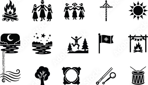 Traditional midsummer festival and nature celebration solid black glyph icon set