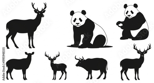 Collection of animal silhouettes including deer and pandas.
