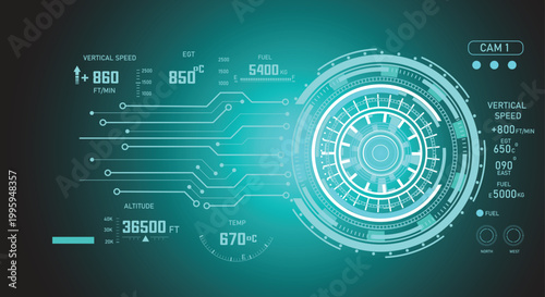 Futuristic teal aircraft h display (HUD) with digital gauges showing altitude, vertical speed, and fuel status on a high-tech circuit board interface.
